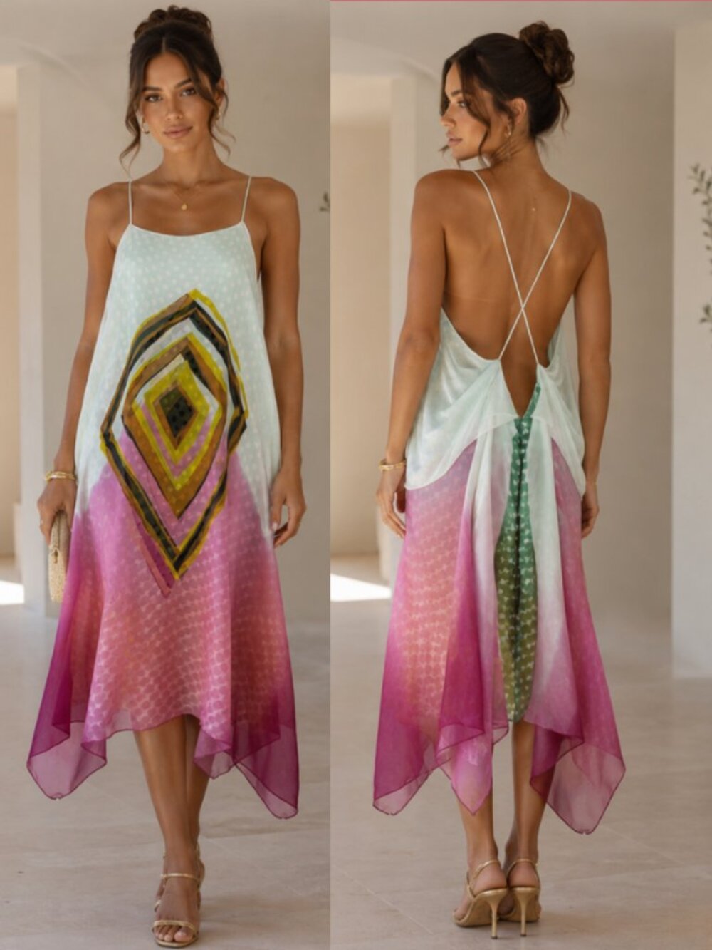 LEON MAX Silk Open Back Handkerchief Hem Dress Resort Wear Luxury Romantic 6